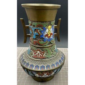 Vintage Japanese Champleve Enameled Bronze Handled Vase Floral Motif